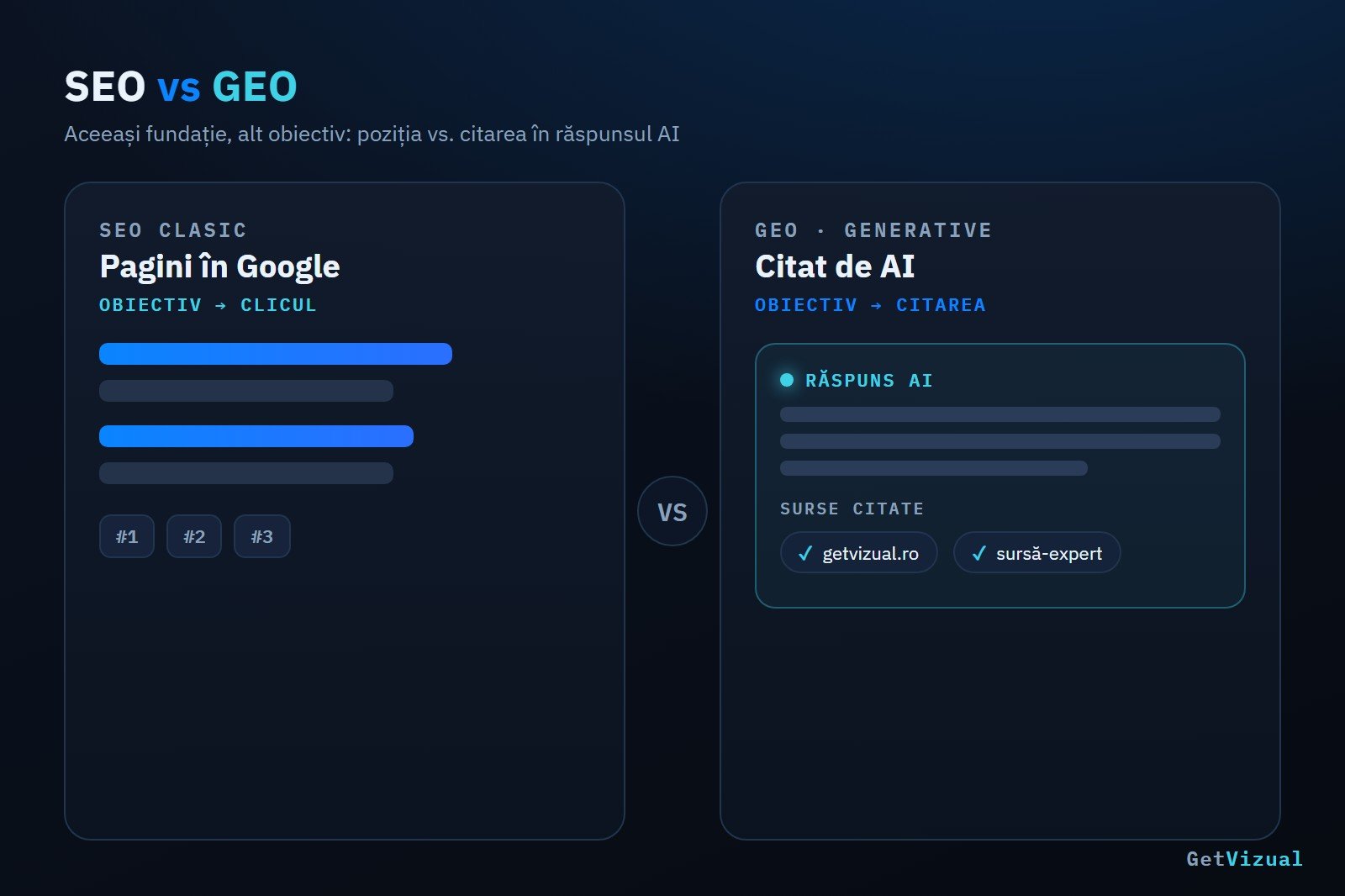 Diagramă comparativă SEO clasic versus GEO și modul în care AI citează sursele | GetVizual