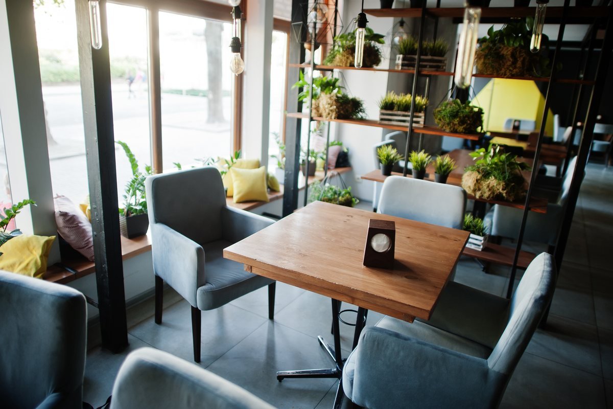 Interior de cafenea cu mese din lemn, fotolii și plante, lumină din ferestre mari | GetVizual