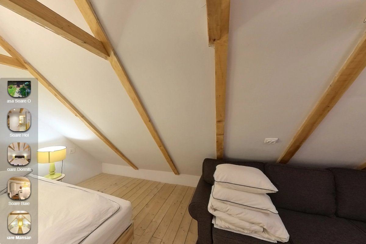 Zona de zi mansardată din turul virtual 360° Casa Soare — cadrul larg pe care îl vede cumpărătorul | GetVizual
