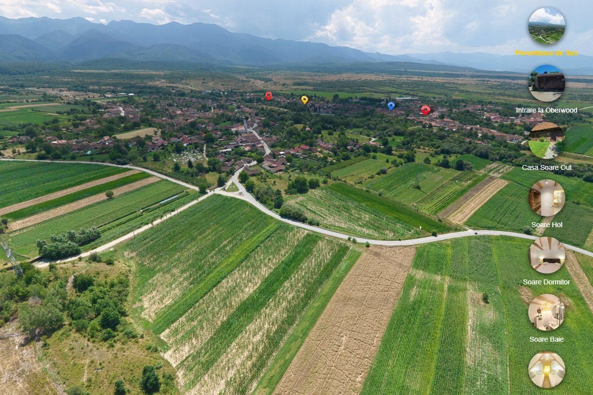 Cum se face un tur virtual 360°: procesul pas cu pas 3 Panoramă aeriană 360° filmată cu drona din turul virtual Oberwood, cu meniul de navigare al scenelor | GetVizual