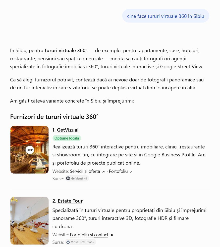 Captură din ChatGPT la întrebarea „cine face tururi virtuale 360 în Sibiu”, cu furnizorii listați și sursele afișate sub fiecare | GetVizual