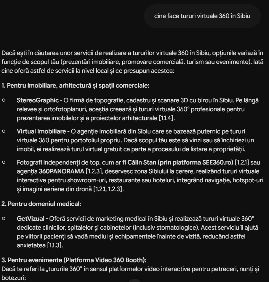 Captură din Gemini la întrebarea „cine face tururi virtuale 360 în Sibiu”, cu trimiteri numerotate către surse | GetVizual