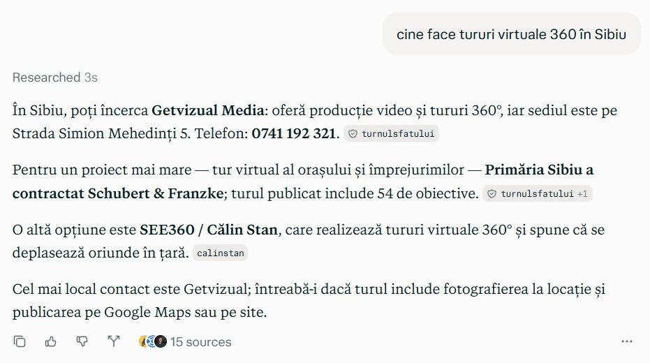 Captură din Perplexity la întrebarea „cine face tururi virtuale 360 în Sibiu”, cu sursele citate lângă fiecare afirmație | GetVizual
