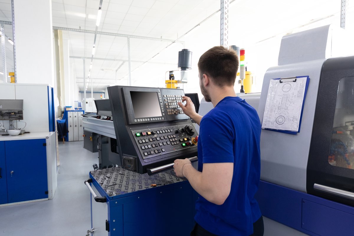 Operator la panoul de comandă al unei mașini CNC într-o hală de producție, cu desenul tehnic al piesei prins pe mașină | GetVizual